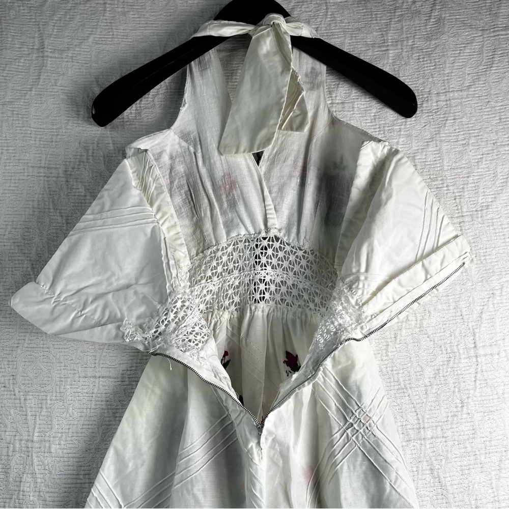 Vintage 70s Mexican Pintuck Halter Handmade Embroidered Floral Fiesta Maxi Dress - Picture 11 of 16